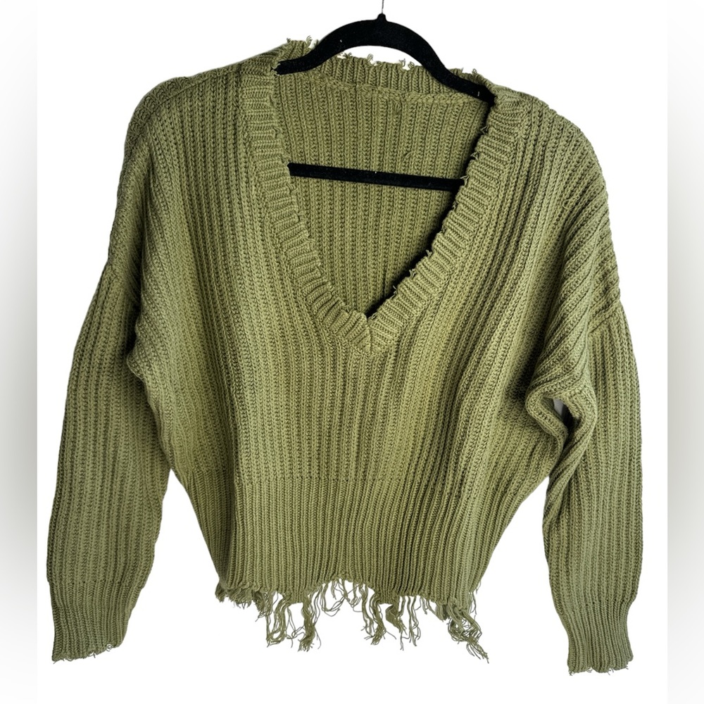 Women Raw Hem V-Neck Green Sweater Long Sleeve Ribbed Knit Pullover Jumper Top S